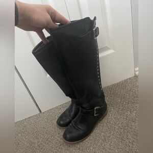 Knee-High Black Boots with Buckle & Stud Details - Size 7